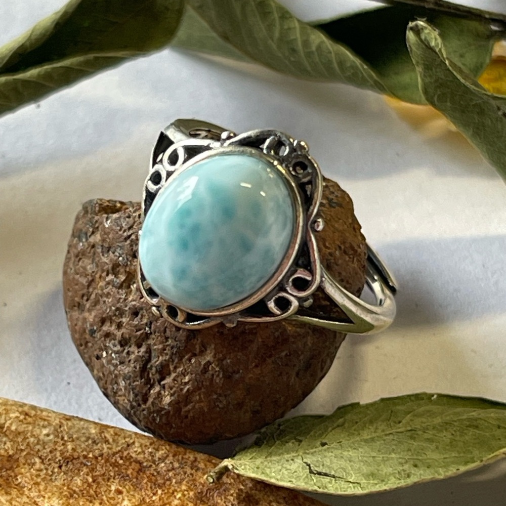 Natural Larimar Ring-S925 Sterling Silver Ring Crystal Gemstone